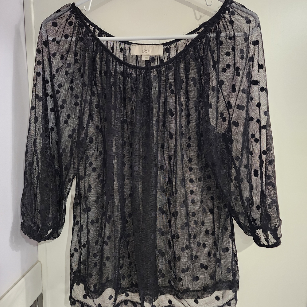 LOFT Black Sheer Polka Dot Women's Top